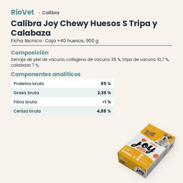 Ficha técnica de Calibra Joy Chewy Huesos S de Tripa de Vacuno y Calabaza Snack Natural para Perros +40 uds 900 g: composición y componentes analíticos