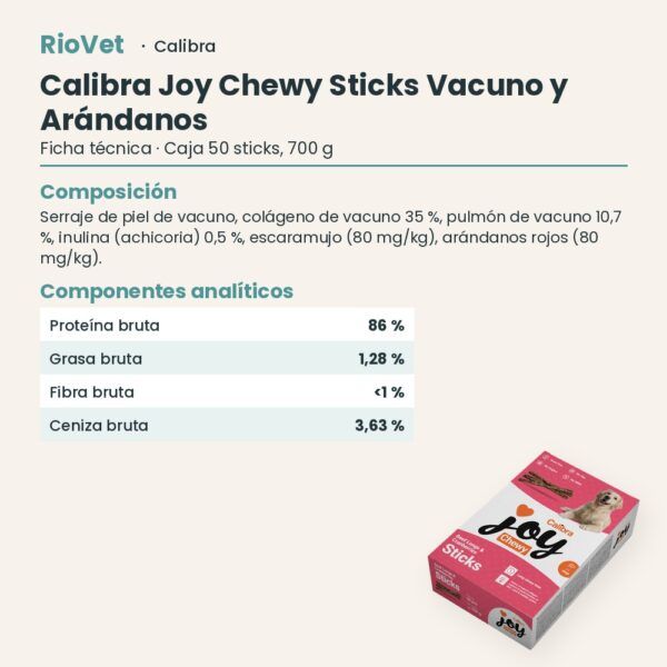Ficha técnica de Calibra Joy Chewy Sticks de Pulmón de Vacuno y Arándanos Snack Natural para Perros 50 uds 700 g: composición y componentes analíticos