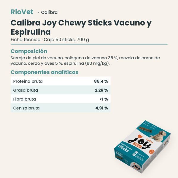 Ficha técnica de Calibra Joy Chewy Sticks de Vacuno y Espirulina Snack Natural para Perros 50 uds 700 g: composición y componentes analíticos