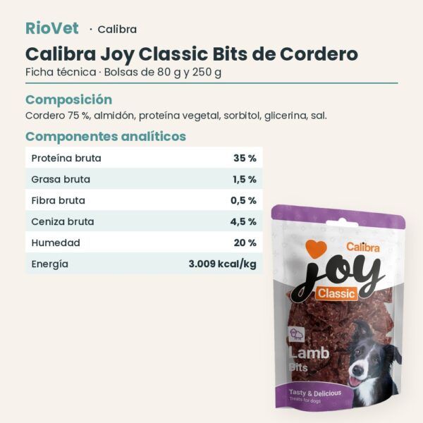 Ficha técnica de Calibra Joy Classic Bits de Cordero Snack para Perros: composición y componentes analíticos
