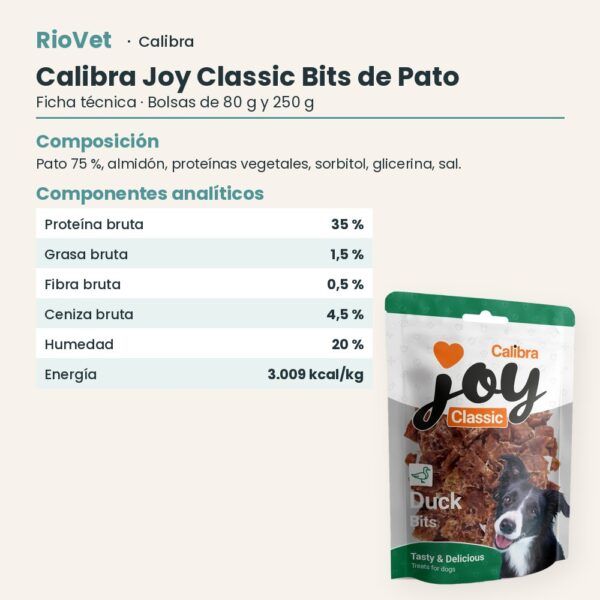 Ficha técnica de Calibra Joy Classic Bits de Pato Snack para Perros: composición y componentes analíticos