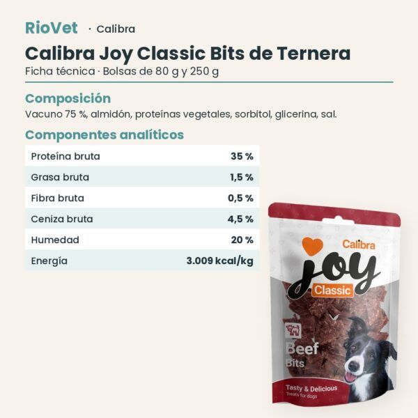 Ficha técnica de Calibra Joy Classic Bits de Ternera Snack para Perros: composición y componentes analíticos