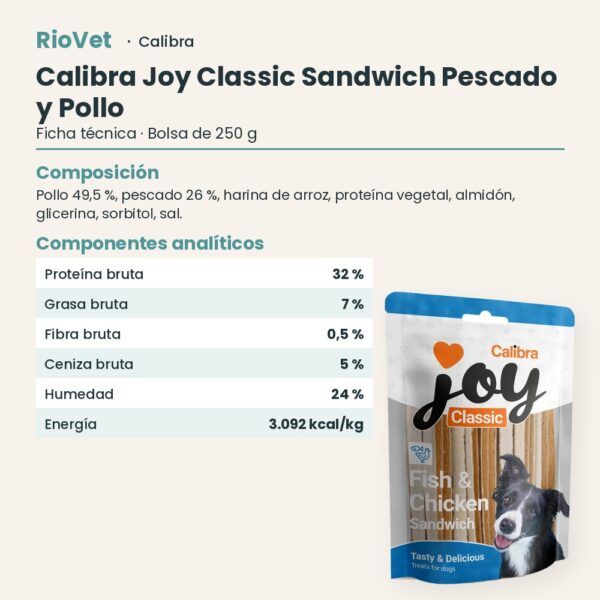 Ficha técnica de Calibra Joy Classic Sandwich de Pescado y Pollo Snack para Perros 250 g: composición y componentes analíticos