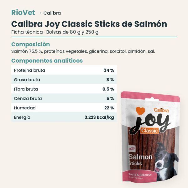 Ficha técnica de Calibra Joy Classic Sticks de Salmón Snack para Perros: composición y componentes analíticos