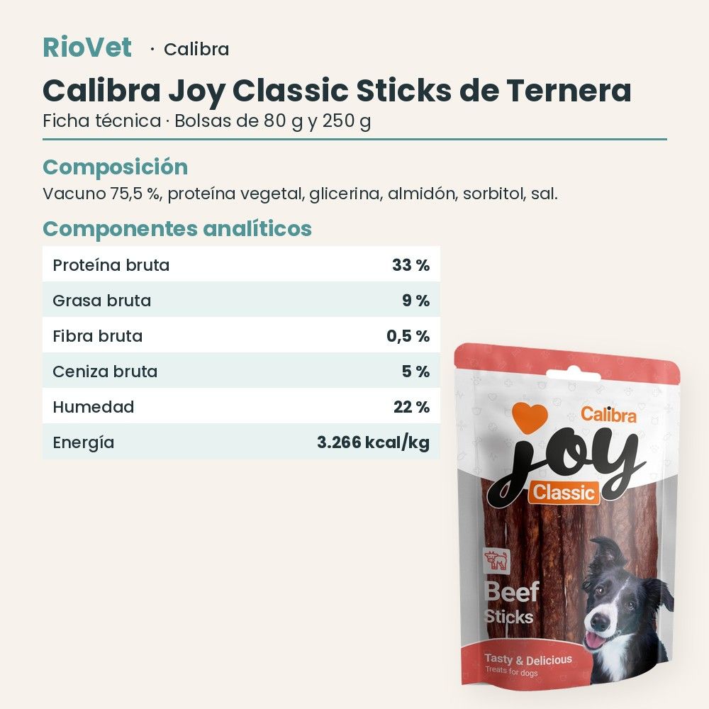 Ficha técnica de Calibra Joy Classic Sticks de Ternera: composición y componentes analíticos