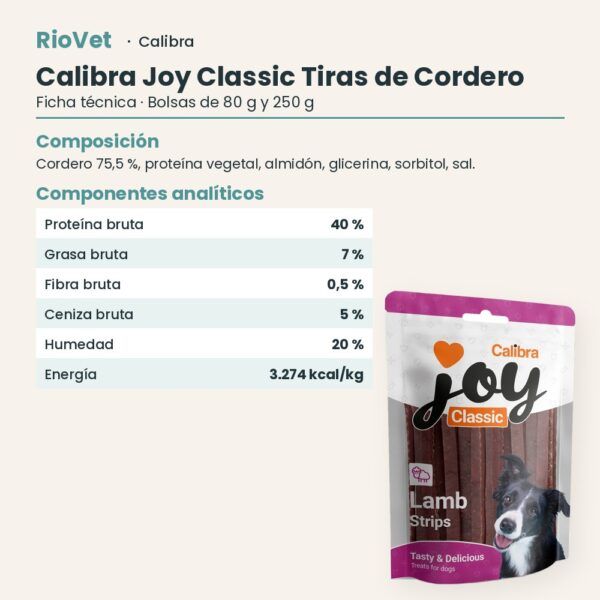 Ficha técnica de Calibra Joy Classic Tiras de Cordero Snack para Perros: composición y componentes analíticos