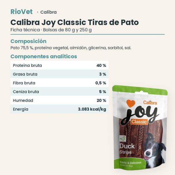Ficha técnica de Calibra Joy Classic Tiras de Pato Snack para Perros: composición y componentes analíticos