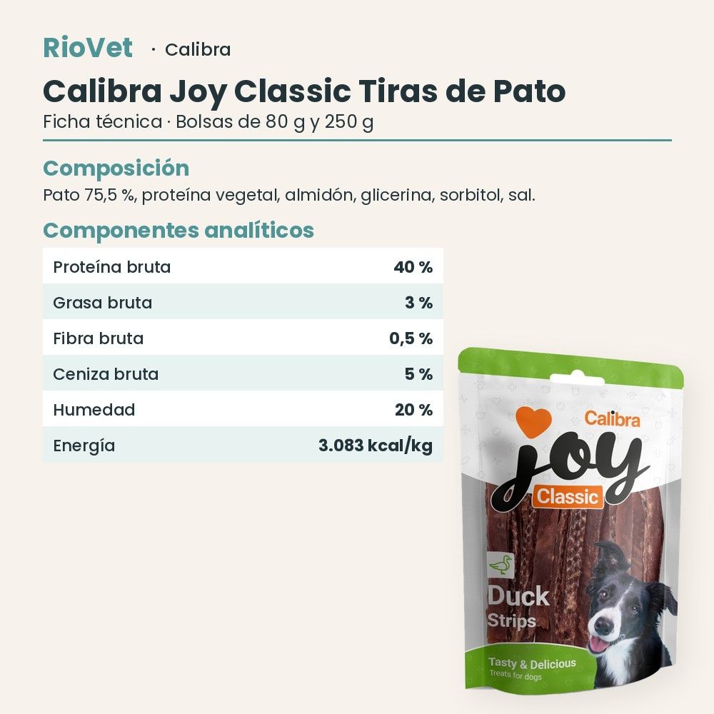 Ficha técnica de Calibra Joy Classic Tiras de Pato Snack para Perros: composición y componentes analíticos