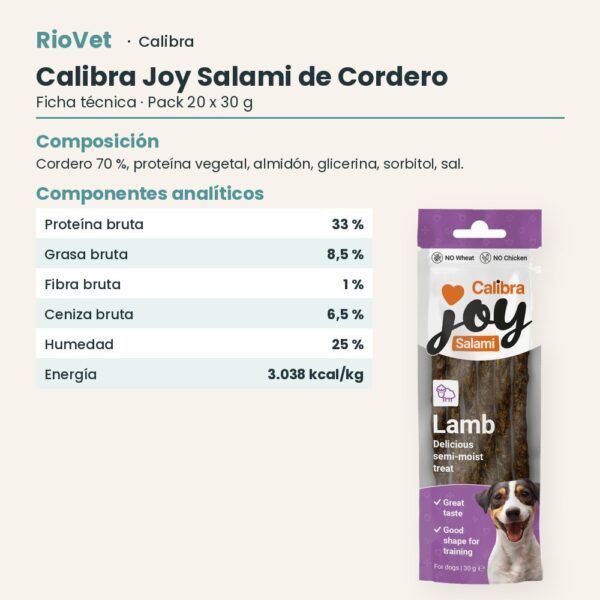 Ficha técnica de Calibra Joy Salami de Cordero Snack para Perros Pack 20x30 g: composición y componentes analíticos