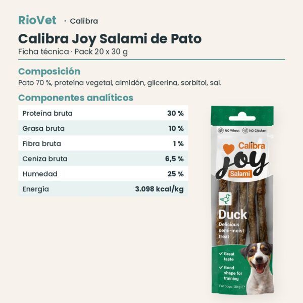 Ficha técnica de Calibra Joy Salami de Pato Snack para Perros Pack 20x30 g: composición y componentes analíticos