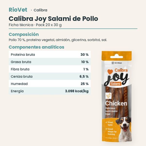 Ficha técnica de Calibra Joy Salami de Pollo Snack para Perros Pack 20x30 g: composición y componentes analíticos