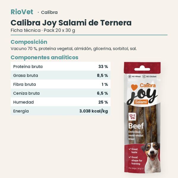 Ficha técnica de Calibra Joy Salami de Ternera Snack para Perros Pack 20x30 g: composición y componentes analíticos