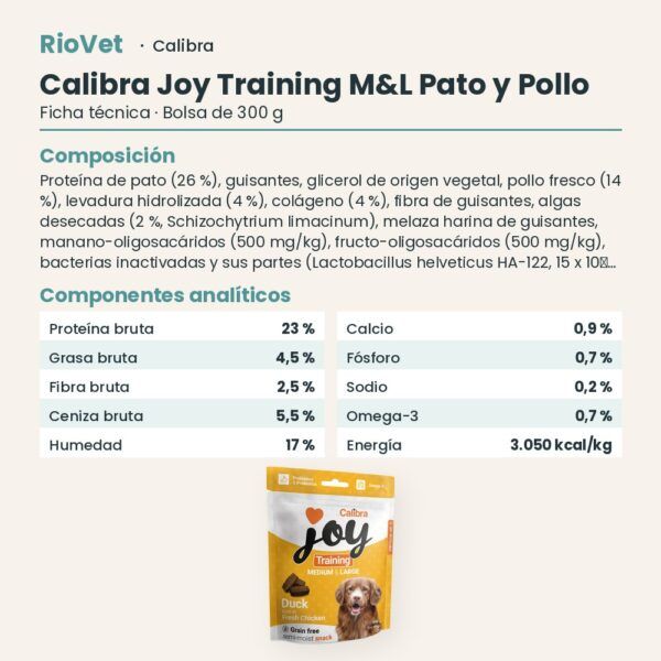 Ficha técnica de Calibra Joy Training Pato y Pollo Snack para Perros Medianos y Grandes 300 g: composición y componentes analíticos