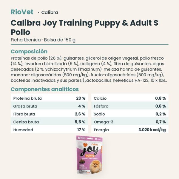 Ficha técnica de Calibra Joy Training Puppy & Adult S Pollo Snack para Cachorros y Perros Pequeños 150 g: composición y componentes analíticos
