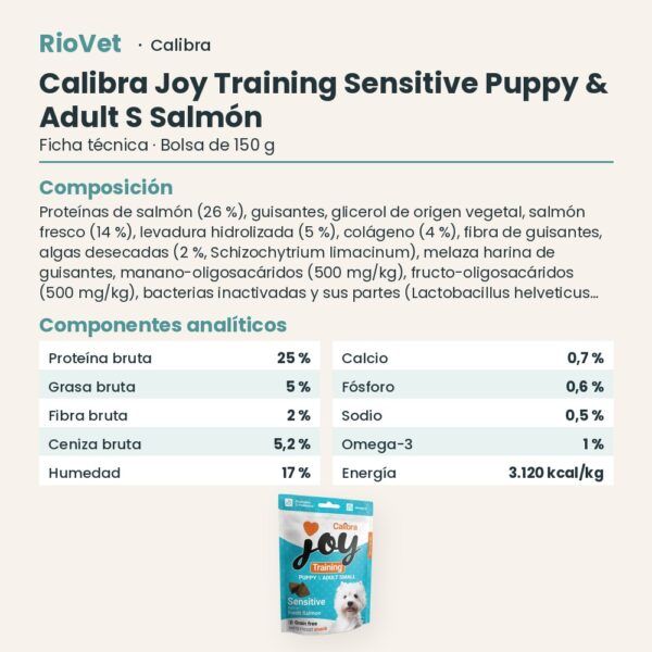 Ficha técnica de Calibra Joy Training Sensitive Puppy & Adult S Salmón Snack para Perros Pequeños 150 g: composición y componentes analíticos