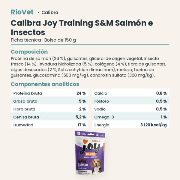 Ficha técnica de Calibra Joy Training S&M Salmón e Insectos Snack para Perros Pequeños y Medianos 150 g: composición y componentes analíticos