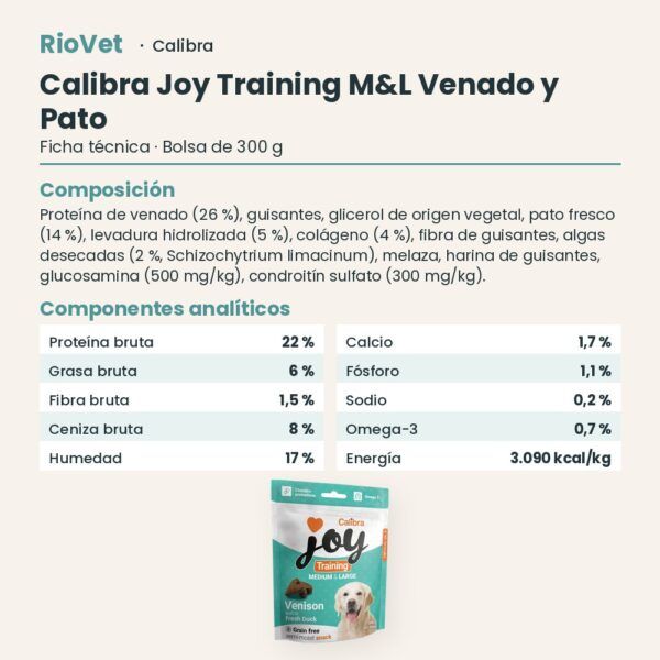 Ficha técnica de Calibra Joy Training Venado y Pato Snack para Perros Medianos y Grandes 300 g: composición y componentes analíticos