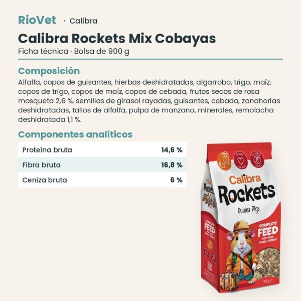 Ficha técnica de Calibra Rockets Mix Pienso para Cobayas 900 g: composición y componentes analíticos