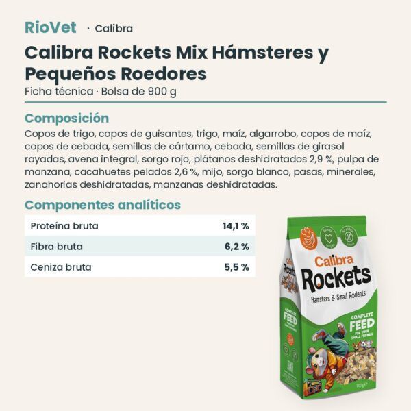 Ficha técnica de Calibra Rockets Mix Pienso para Hámsteres y Pequeños Roedores 900 g: composición y componentes analíticos