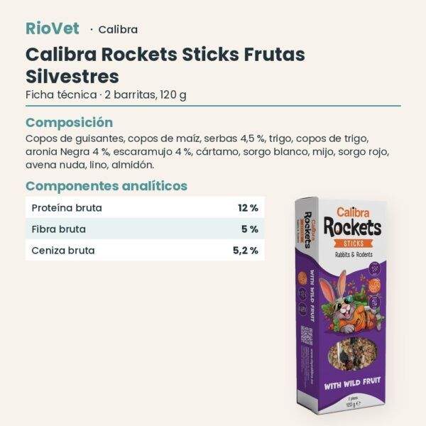 Ficha técnica de Calibra Rockets Sticks Frutas Silvestres Snack para Conejos y Roedores 120 g: composición y componentes analíticos