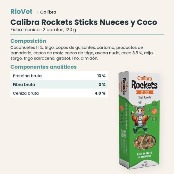 Ficha técnica de Calibra Rockets Sticks Nueces y Coco Snack para Pequeños Roedores 120 g: composición y componentes analíticos