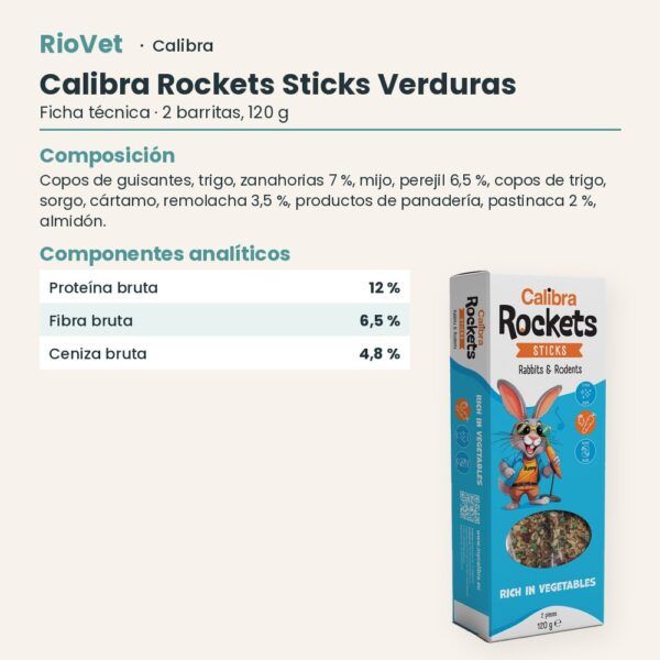 Ficha técnica de Calibra Rockets Sticks Verduras Snack para Conejos y Roedores 120 g: composición y componentes analíticos