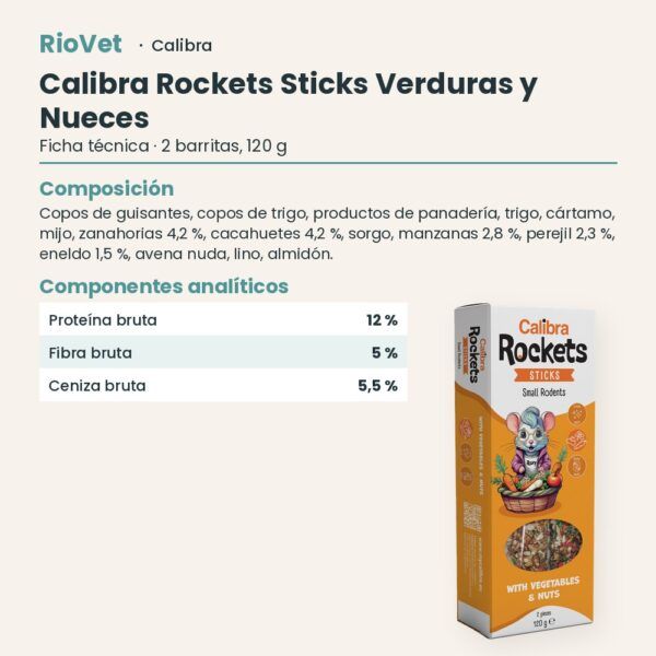 Ficha técnica de Calibra Rockets Sticks Verduras y Nueces Snack para Pequeños Roedores 120 g: composición y componentes analíticos