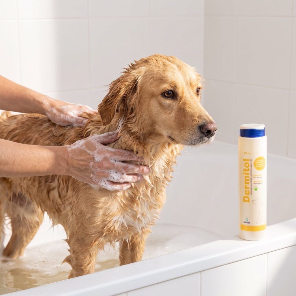 Calier Dermitol Champú Higienizante Seborrea Para Perros 250 Ml en uso