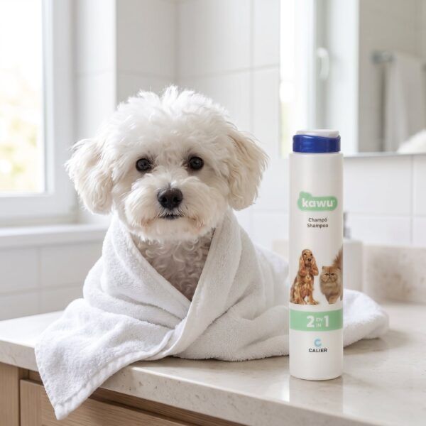 Calier Kawu Champú 2 En 1 Con Acondicionador Perros Y Gatos 250 Ml en uso