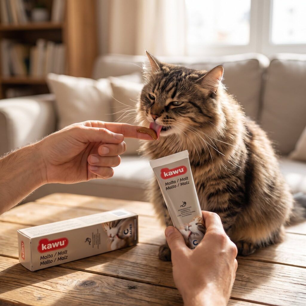 Calier Kawu Malta Pasta Antibolas De Pelo Para Gatos 100 G en uso