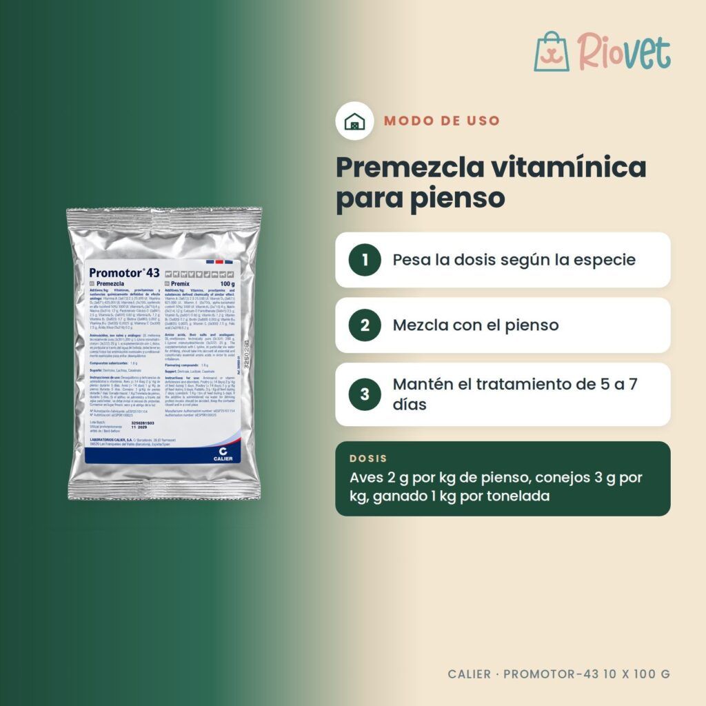 Modo de uso de Calier Promotor-43 Premezcla Vitaminas Y Aminoácidos 10 X 100 G