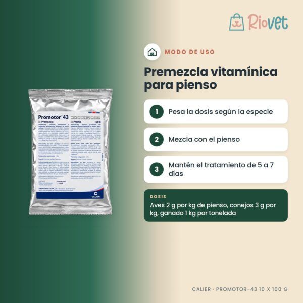 Modo de uso de Calier Promotor-43 Premezcla Vitaminas Y Aminoácidos 10 X 100 G