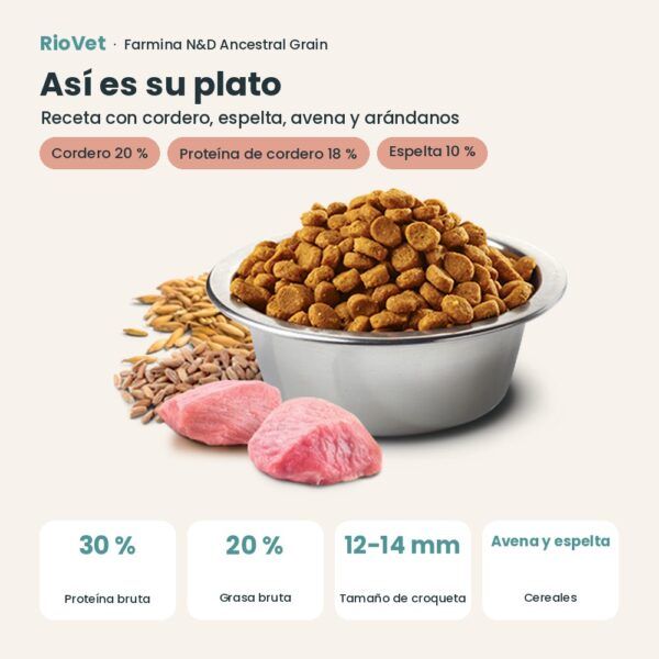 Composición de Farmina N&D Ancestral Grain Cordero y Arándanos Pienso para Cachorros Medianos y Grandes 12 kg
