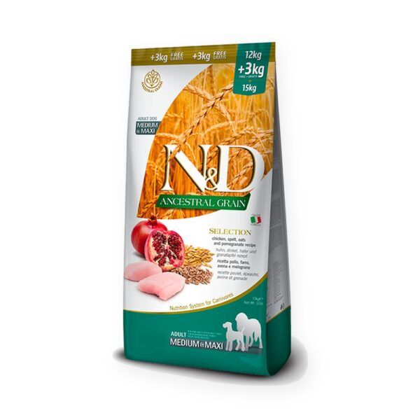 Farmina N&D Ancestral Grain Pollo y Granada Pienso para Perros Medianos y Grandes 12 kg + 3 kg