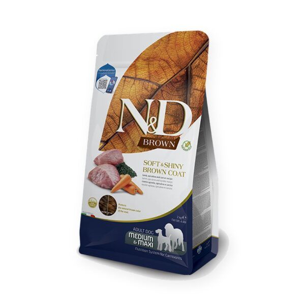 Farmina N&D Brown Cordero, Espirulina y Zanahoria Pienso Sin Cereales para Perros de Pelo Oscuro Medianos y Grandes
