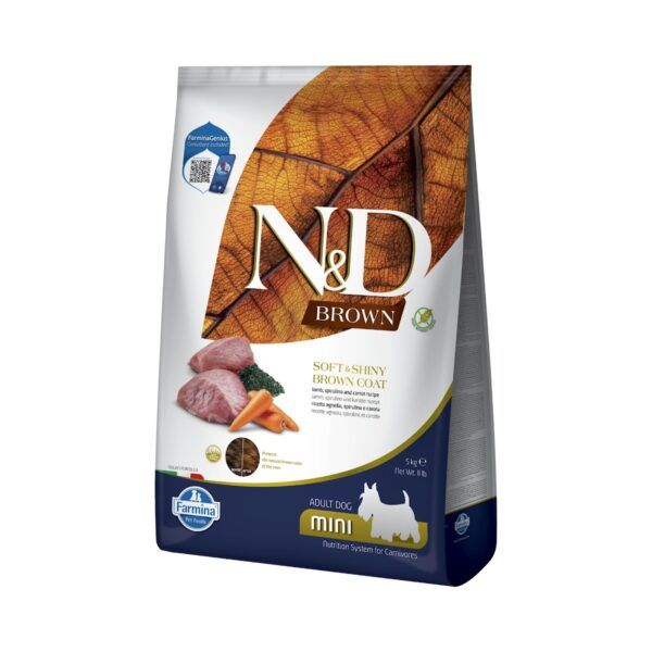 Farmina N&D Brown Cordero, Espirulina y Zanahoria Pienso Sin Cereales para Perros de Pelo Oscuro Mini