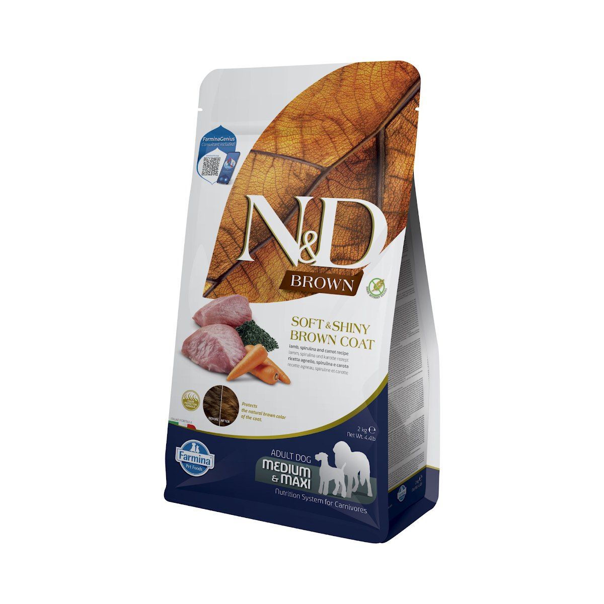 Farmina N&D Brown Cordero, Espirulina y Zanahoria Pienso Sin Cereales para Perros de Pelo Oscuro Medianos y Grandes Farmina N&D Brown Cordero, Espirulina y Zanahoria Pienso Sin Cereales para Perros de Pelo Oscuro Medianos y Grandes