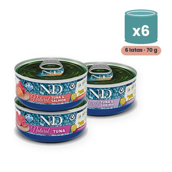 Farmina N&D Natural Fish Trio Menu Atún, Salmón y Gambas Latas para Gatos Pack 6x70 g
