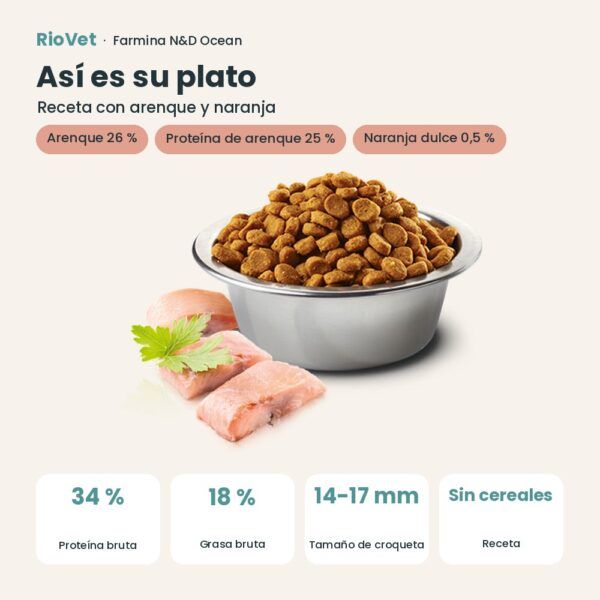 Composición de Farmina N&D Ocean Arenque y Naranja Pienso Sin Cereales para Perros Medianos y Grandes 12 kg