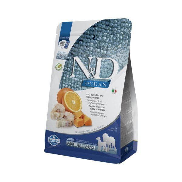 Farmina N&D Ocean Bacalao, Calabaza y Naranja Pienso Sin Cereales para Perros Medianos y Grandes 2,5 Kg