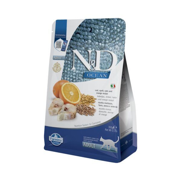 Farmina N&D Ocean Bacalao, Espelta, Avena y Naranja Pienso para Gatos 300 Gr