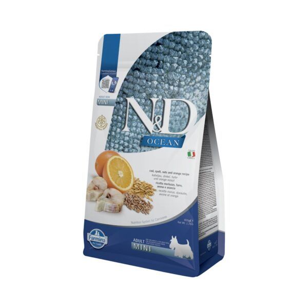 Farmina N&D Ocean Bacalao, Espelta, Avena y Naranja Pienso para Perros Mini 800 Gr