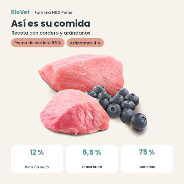 Composición de Farmina N&D Prime Cordero y Arándanos Comida Húmeda para Gatos