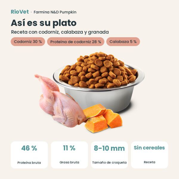 Composición de Farmina N&D Pumpkin Codorniz, Calabaza y Granada Pienso Sin Cereales para Gatos Esterilizados