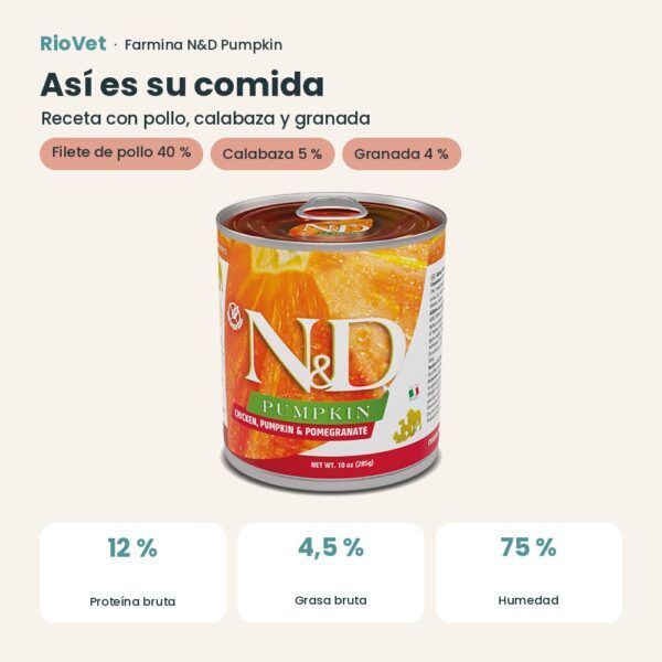 Composición de Farmina N&D Pumpkin Pollo, Calabaza y Granada Comida Húmeda para Perros
