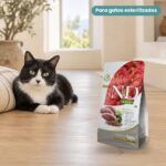 Gato junto a Farmina N&D Quinoa Pato Pienso Sin Cereales para Gatos Esterilizados