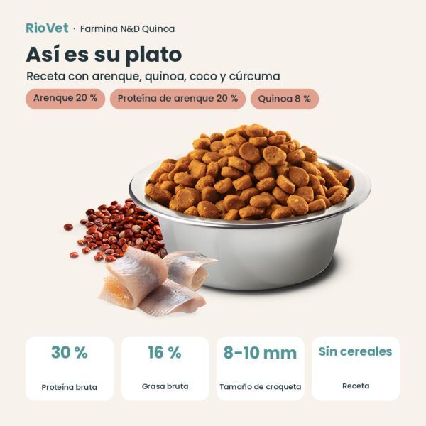 Composición de Farmina N&D Quinoa Skin & Coat Arenque Pienso Sin Cereales para Gatos