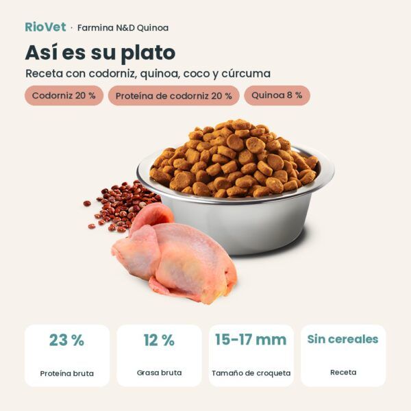 Composición de Farmina N&D Quinoa Skin & Coat Codorniz Pienso Sin Cereales para Perros Medianos y Grandes 7 kg