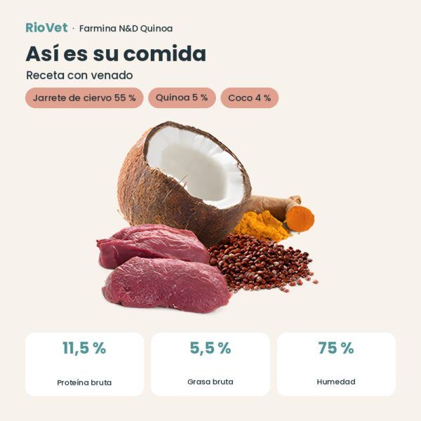 Composición de Farmina N&D Quinoa Skin & Coat Venado Comida Húmeda para Perros