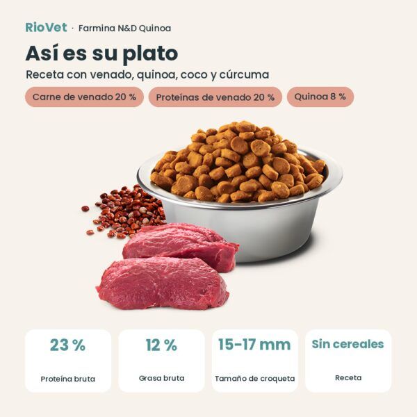 Composición de Farmina N&D Quinoa Skin & Coat Venado Pienso Sin Cereales para Perros Medianos y Grandes